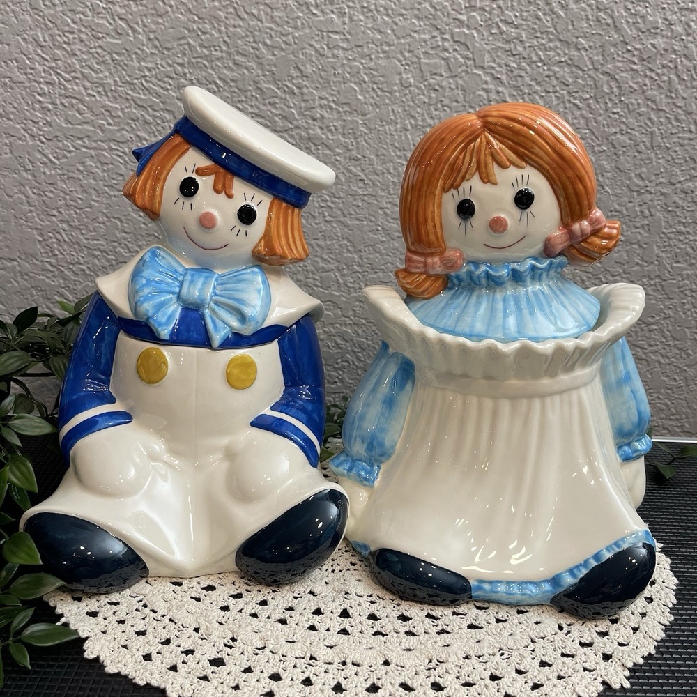 Vtg Metlox Poppytrail Raggedy Ann & Andy Ceramic Cookie Jars Pair Ca Pottery 60s